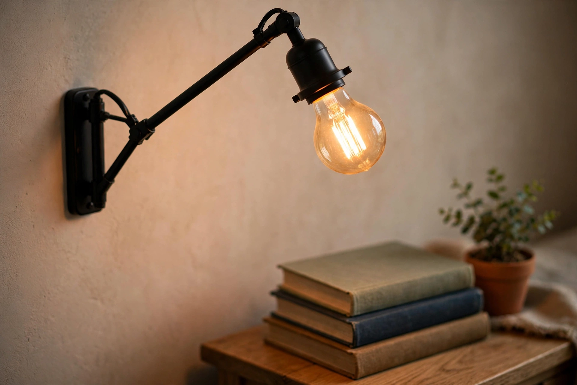 Close-up of a black swing-arm wall reading light with warm bulb beside a bedside table