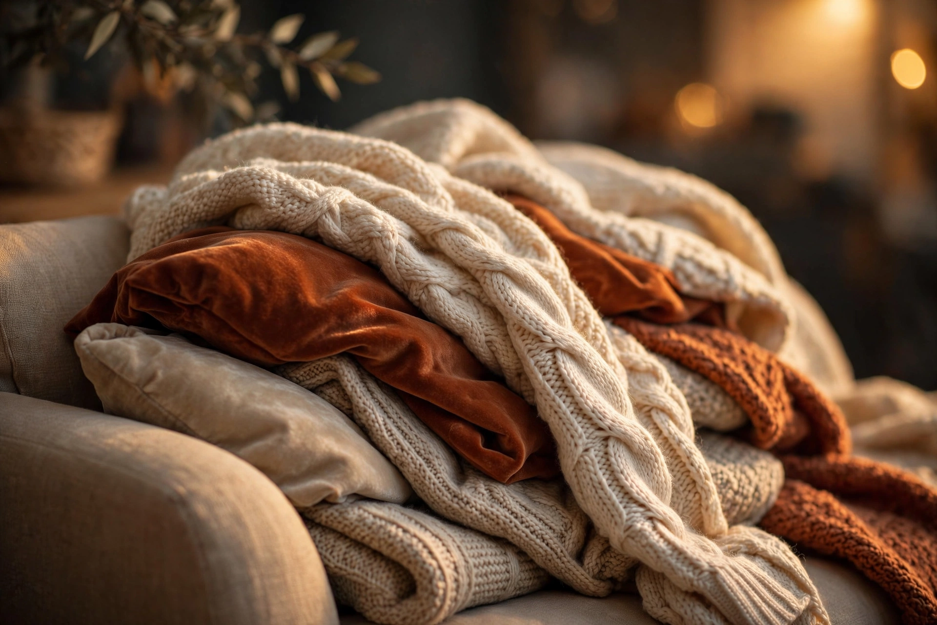 Close-up of layered knitted throws and velvet cushions on a sofa in warm lamplight