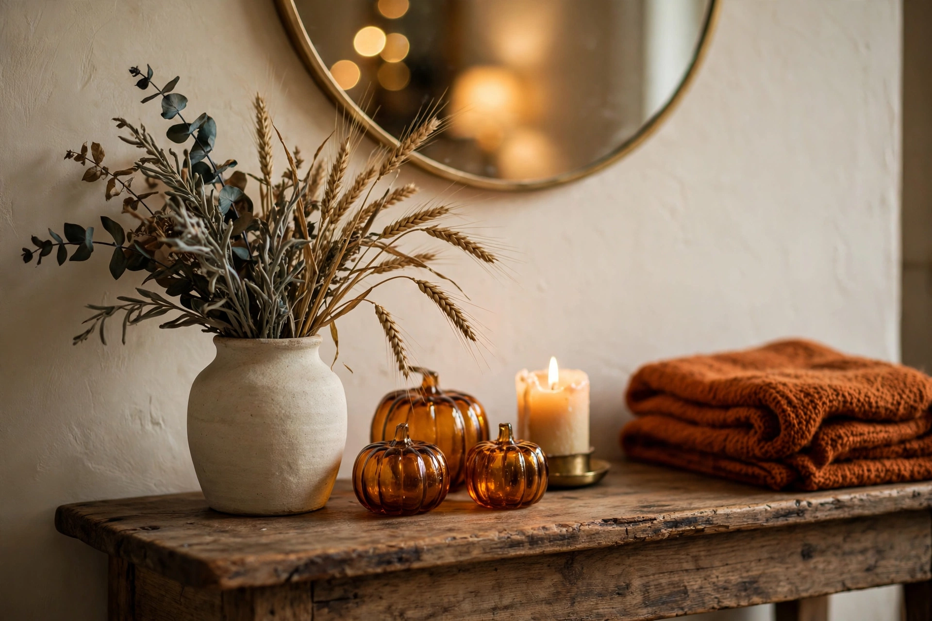 Autumn console table styling with dried eucalyptus stems, amber glass pumpkins and a lit candle