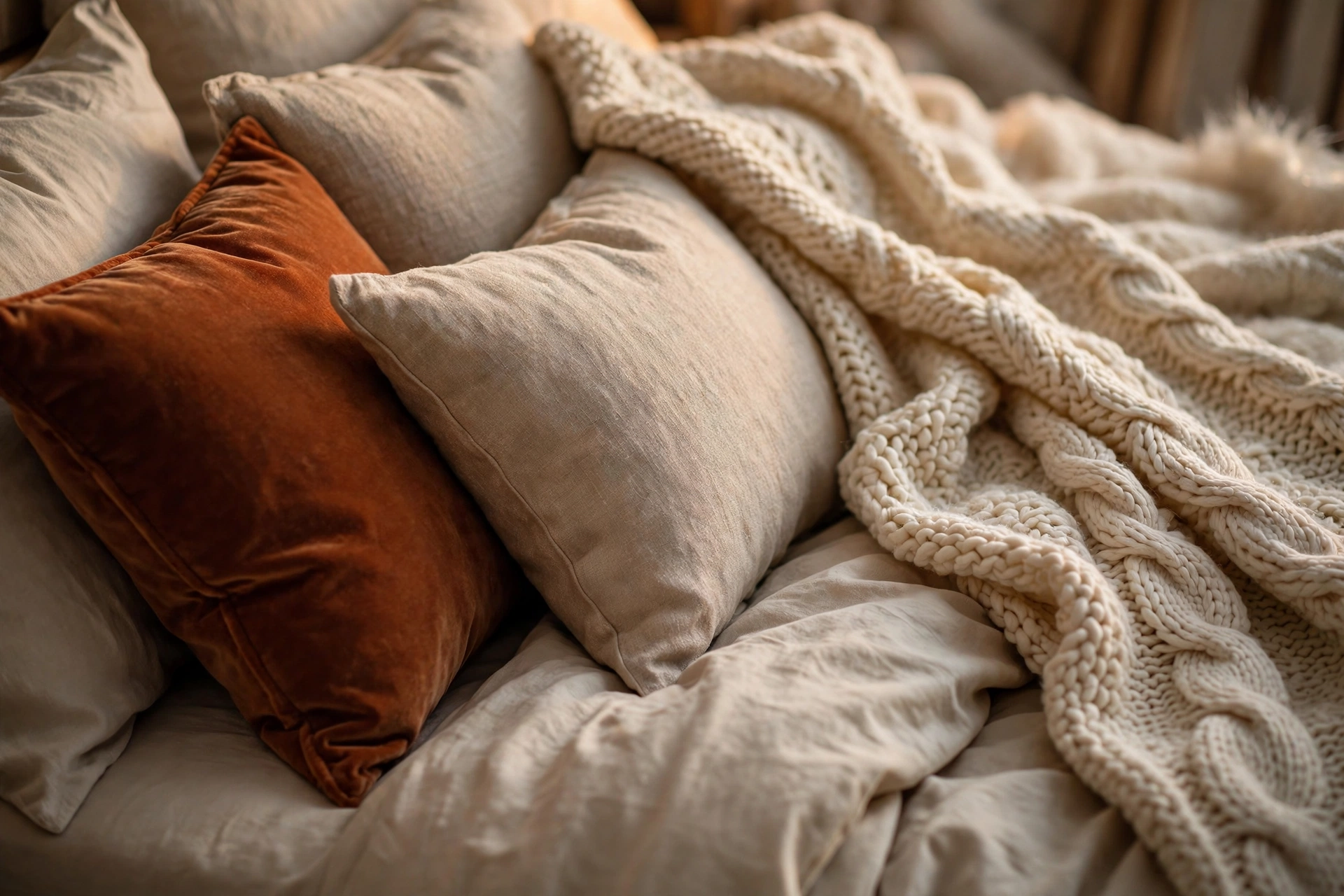 Chunky knit throw and cushions layered on a bed for winter cosiness