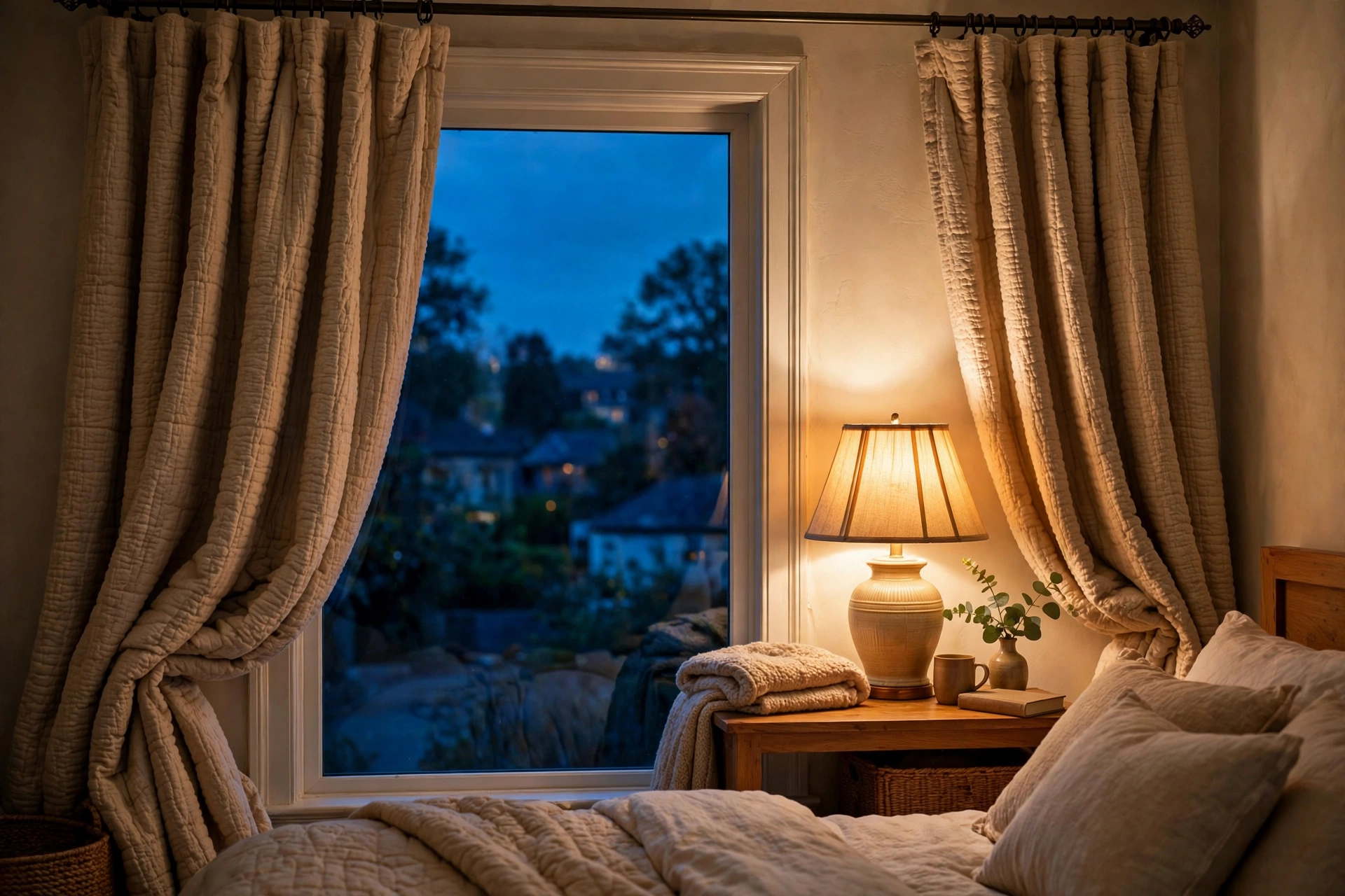 Thermal curtains keeping a UK bedroom warm at dusk