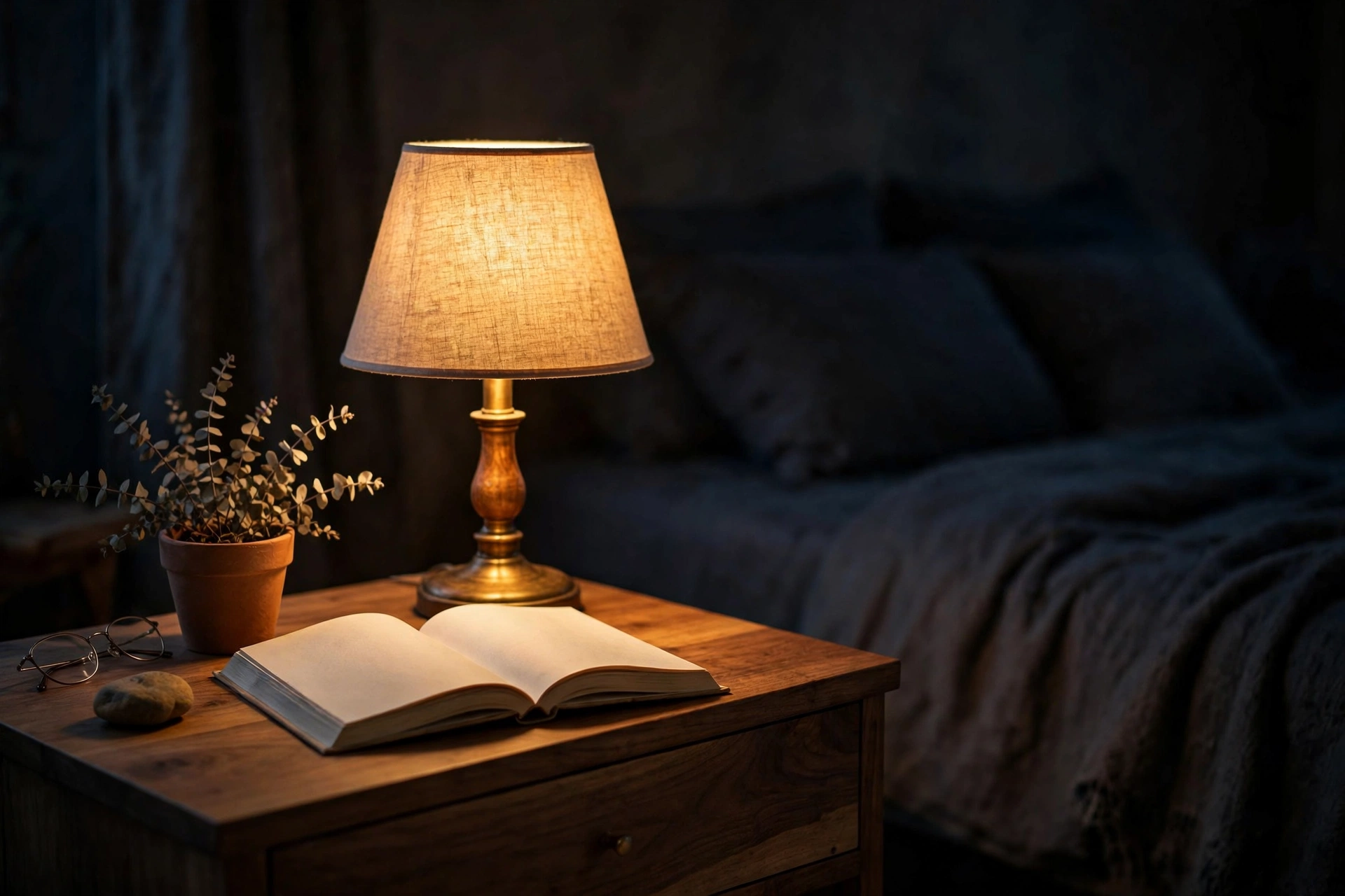 Bedside lamp with warm white bulb for cosy reading light
