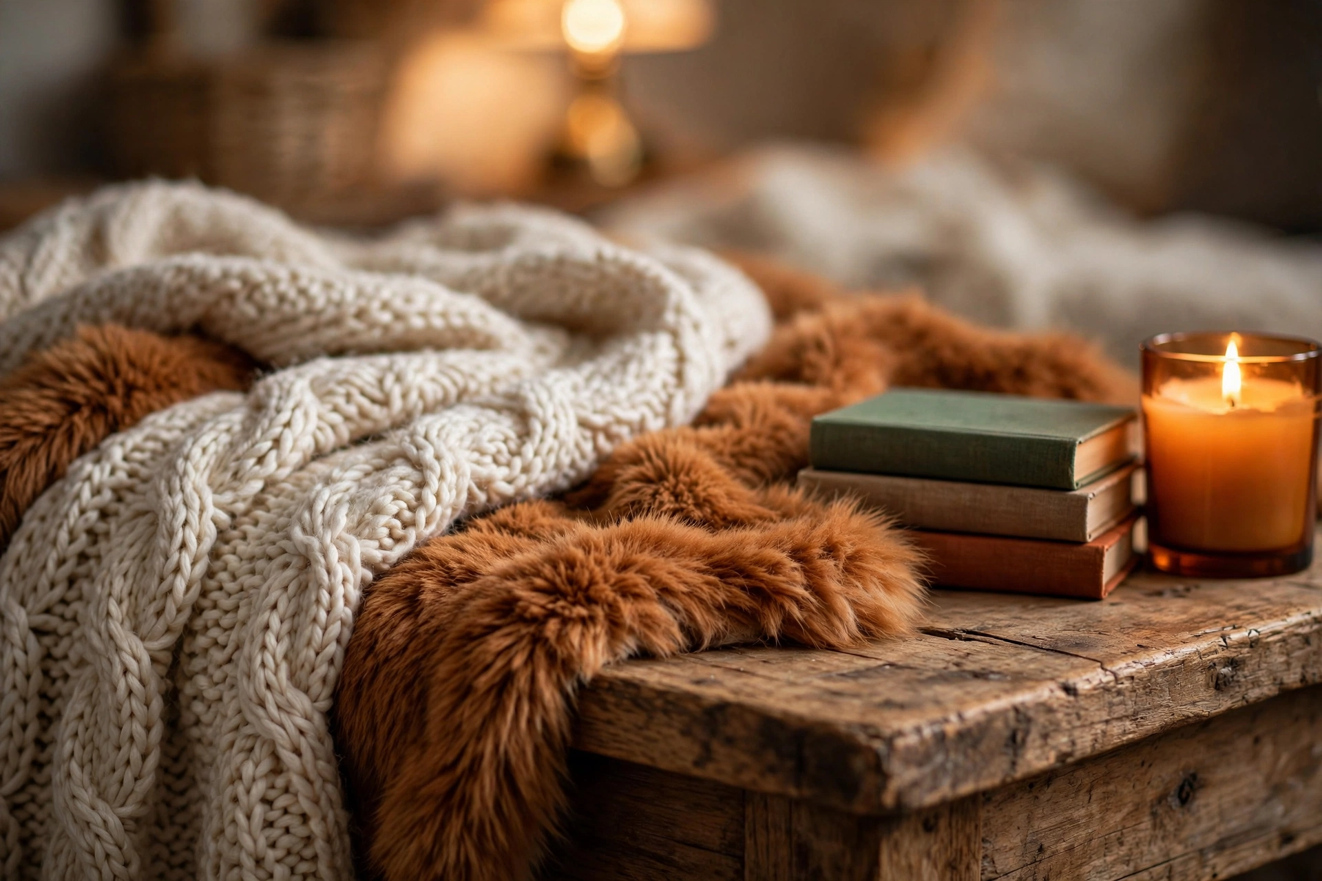 Close-up of layered knitted throws and a lit candle on a wooden coffee table