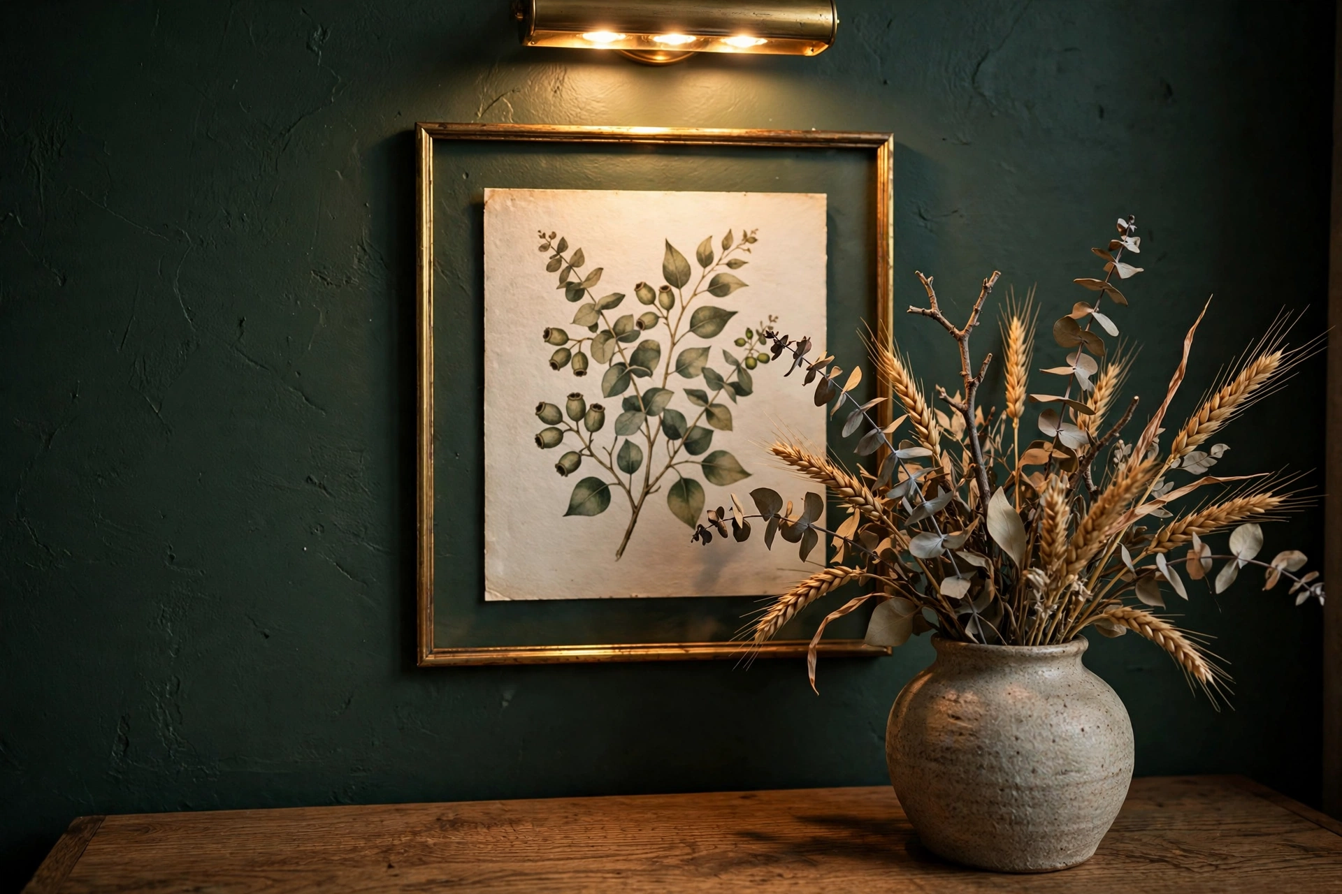 Close-up of dark green wall with brass-framed botanical print and dried eucalyptus
