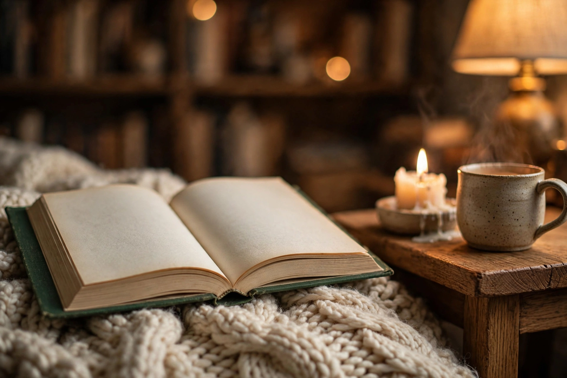 Open book on a chunky knit blanket beside a lit candle and ceramic mug