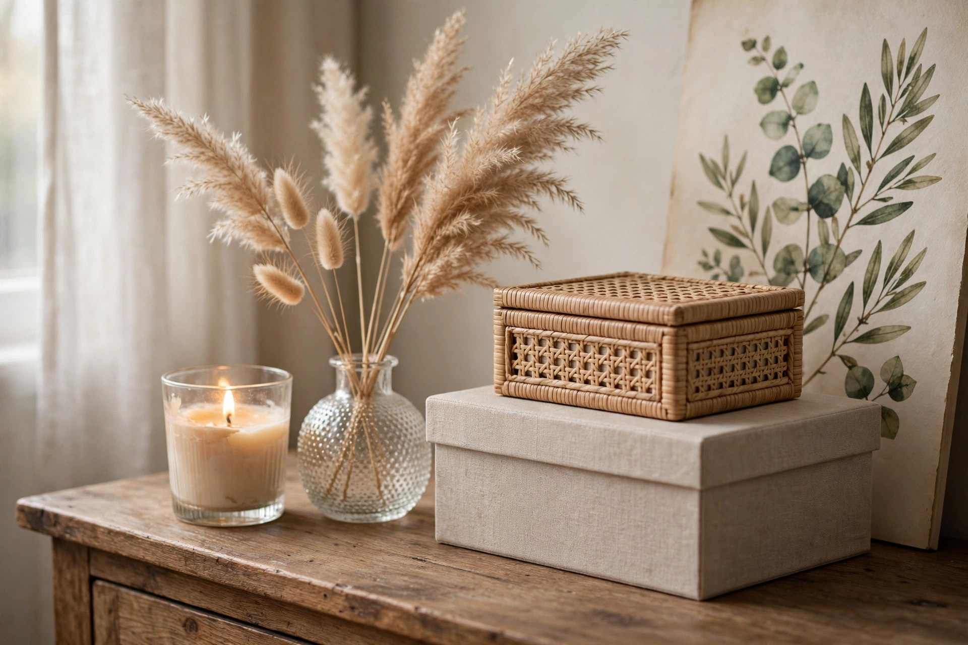 Styled console table with scented candle, pampas grass vase and rattan storage boxes