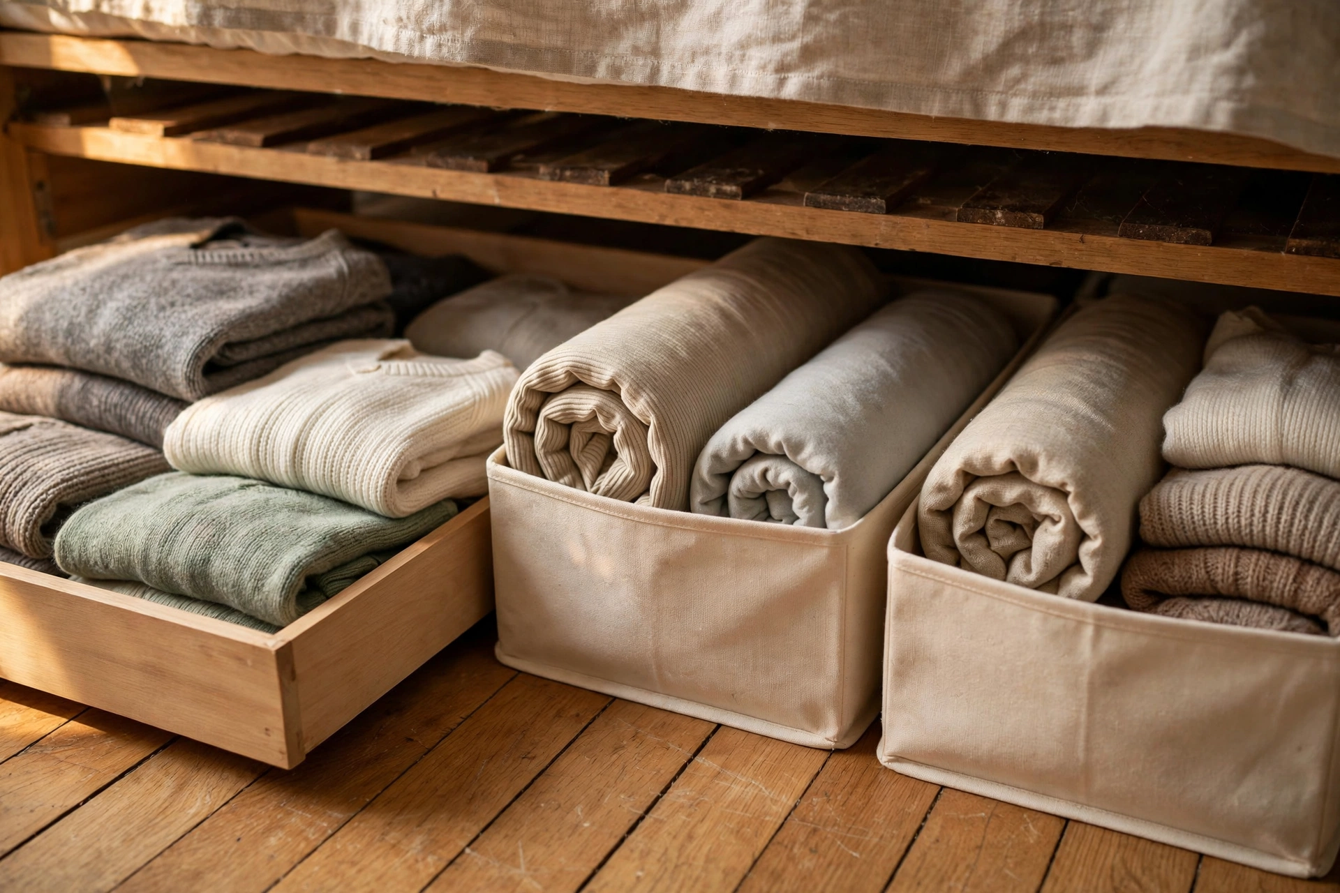 Close-up of neat under-bed storage drawers with folded bedding and labelled fabric boxes in a small UK bedroom