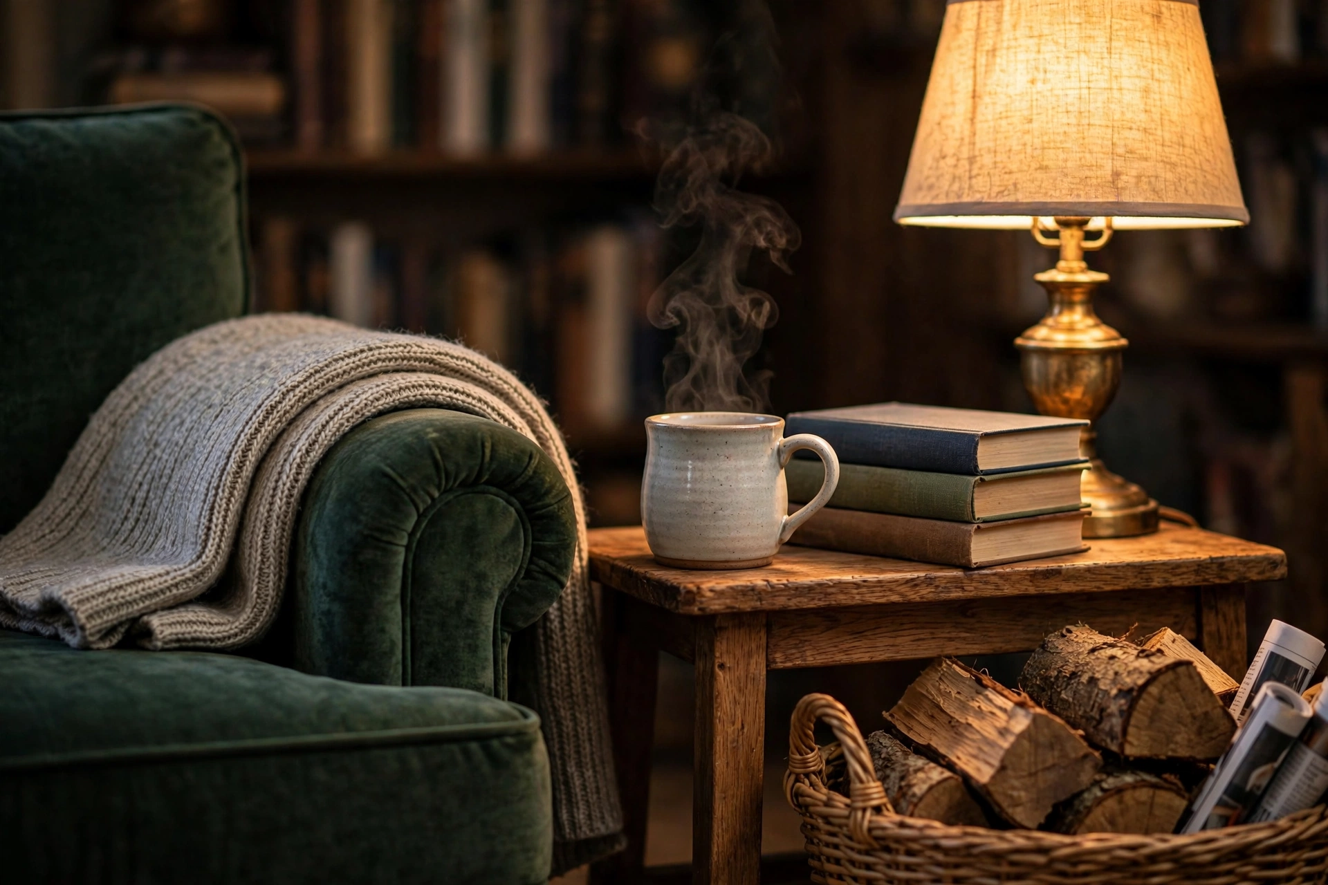 Cosy reading corner in a small snug with armchair, side table with books and tea, and warm lamp glow